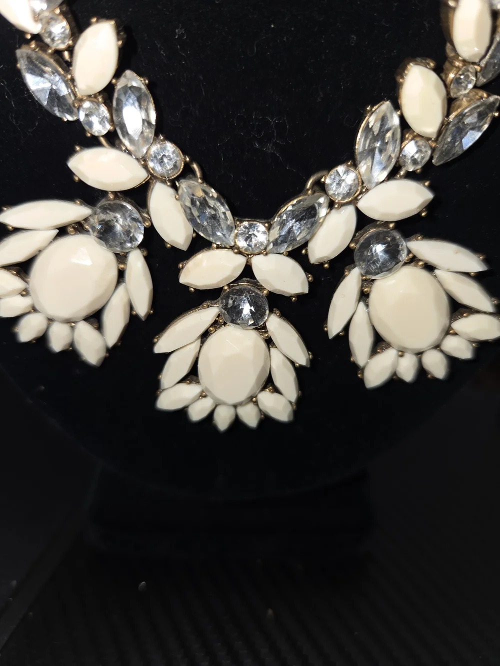 J.Crew 18” Cream Clear Crystal Floral Statement Necklace Antique Gold Tone